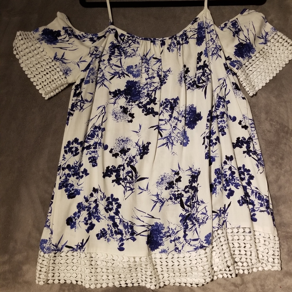 Off the shoulder blue and white top